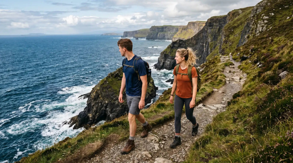 Two people hiking along a coastal path with cliffs and ocean in the background.